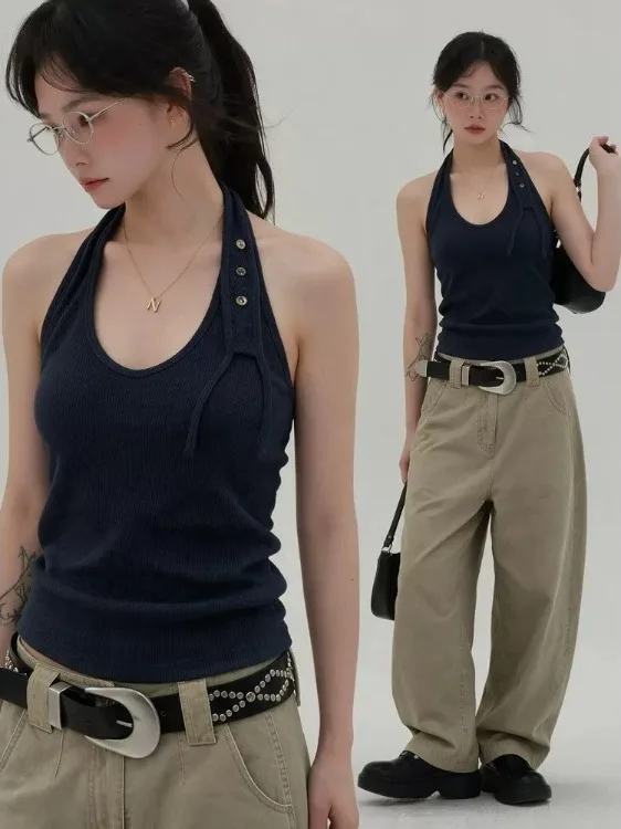 Retro High-End Feeling Sleeveless Neck Hanging Strap Vest Women's Summer Back Exposure Top Korean Style Breathable Polyester