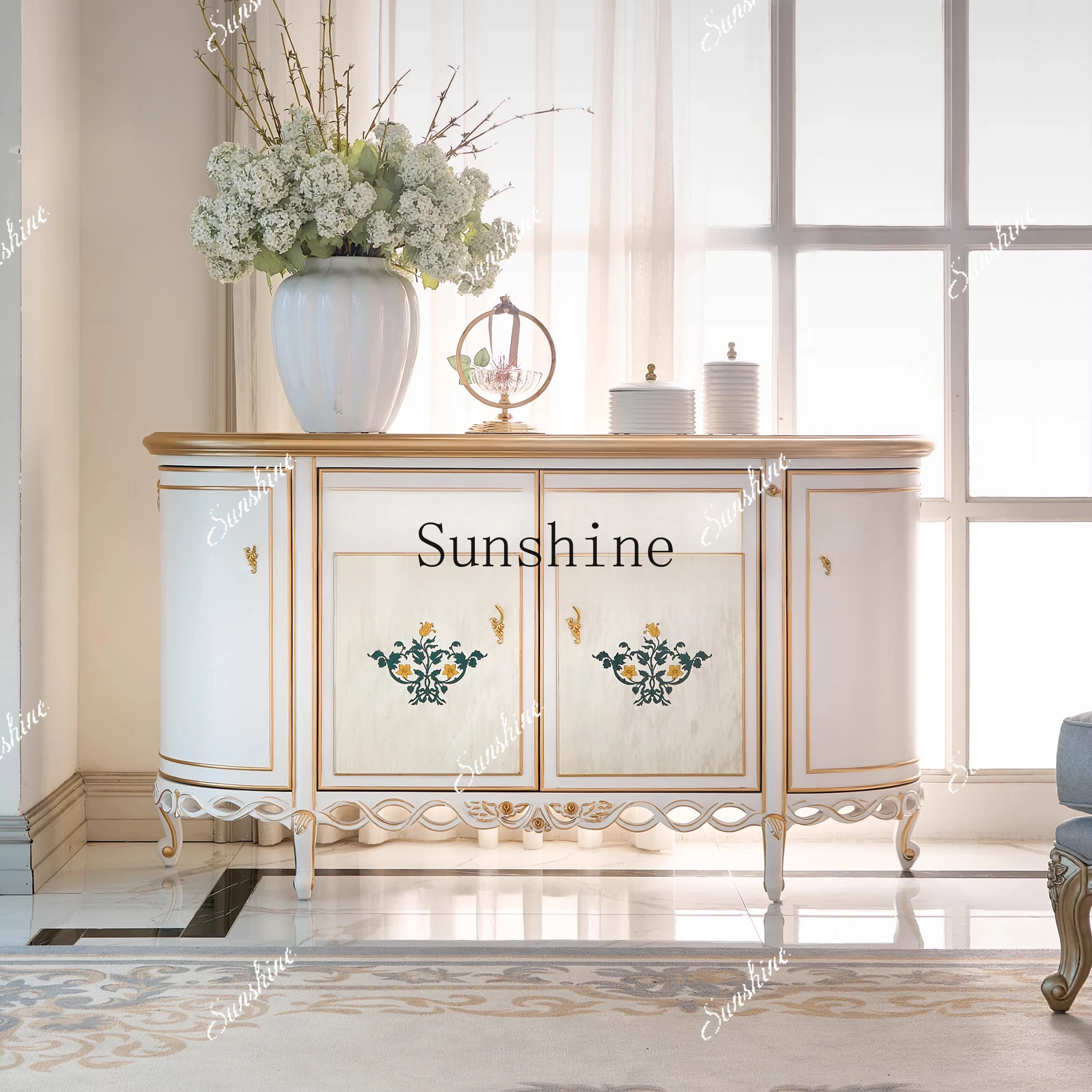 High-end custom villa furniture European retro solid wood hand-painted entrance cabinet  FT