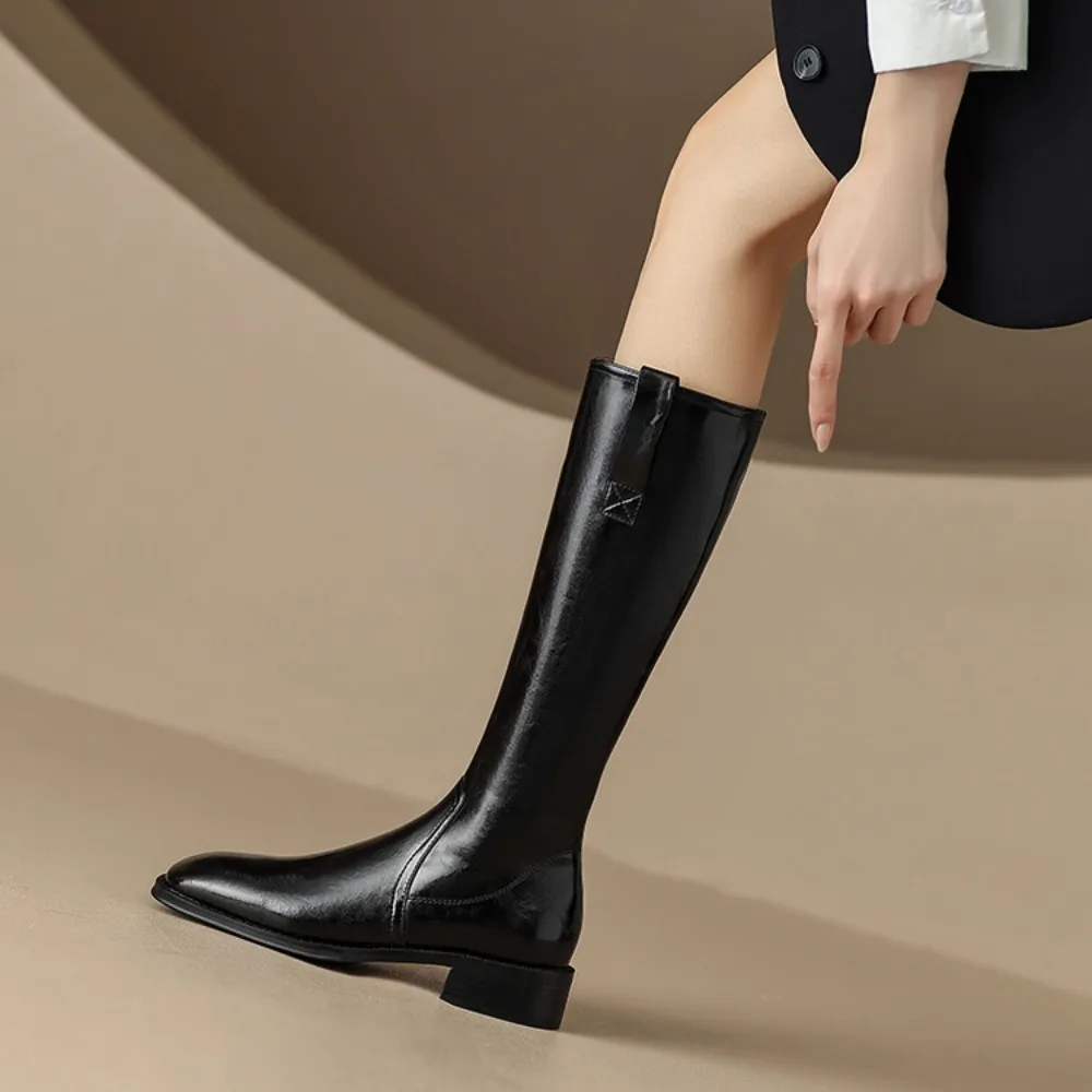 Women Tall Boots 2024 Autumn Winter Designer Luxury Cow Leather Ladies Knee High Boots Casual Low Heel Female Shoes Plus Size 42