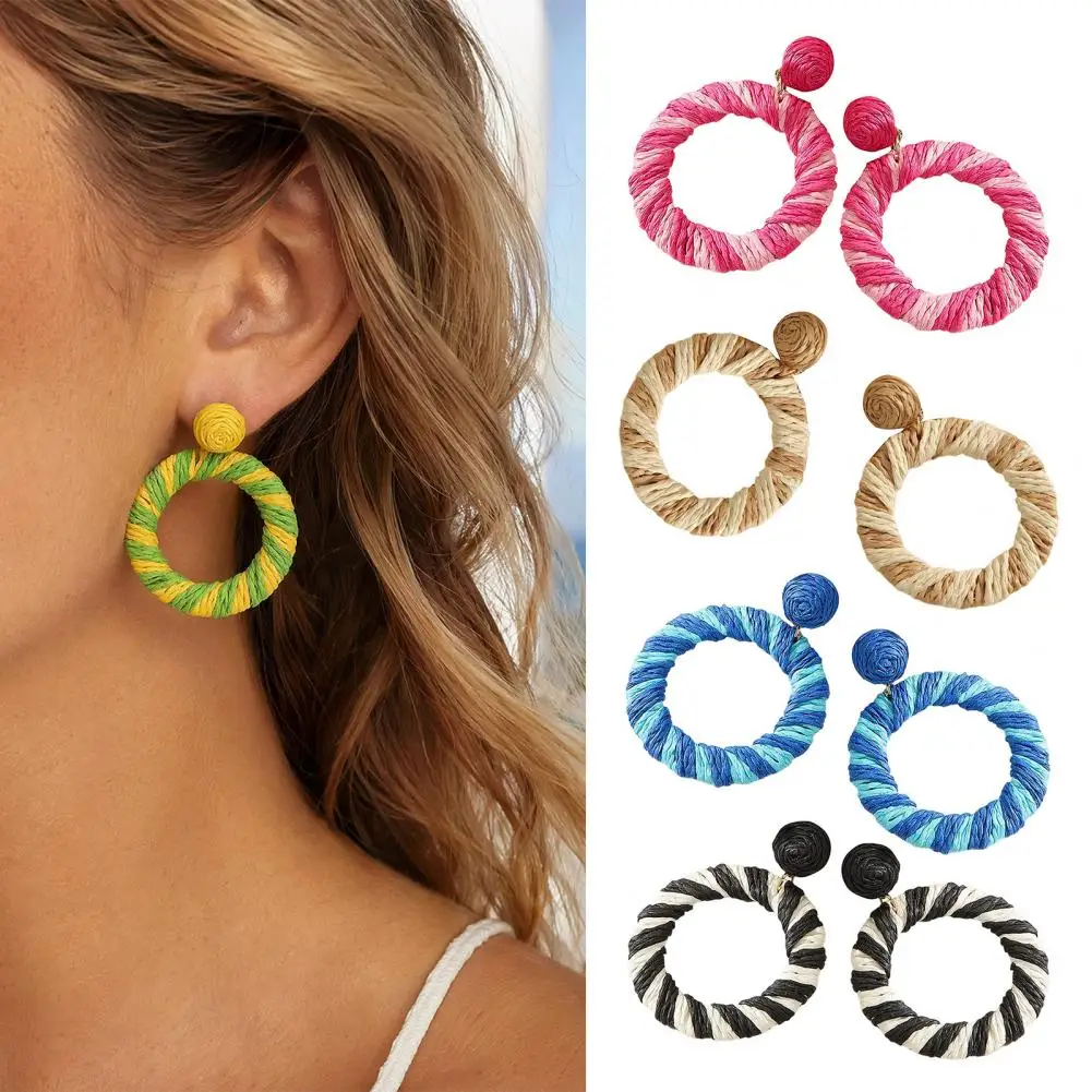 Boho Raffia Circle Earrings, Handmade Straw Dangle Earrings For Effortless Summer Vibes At Beach Parties And Casual Outings