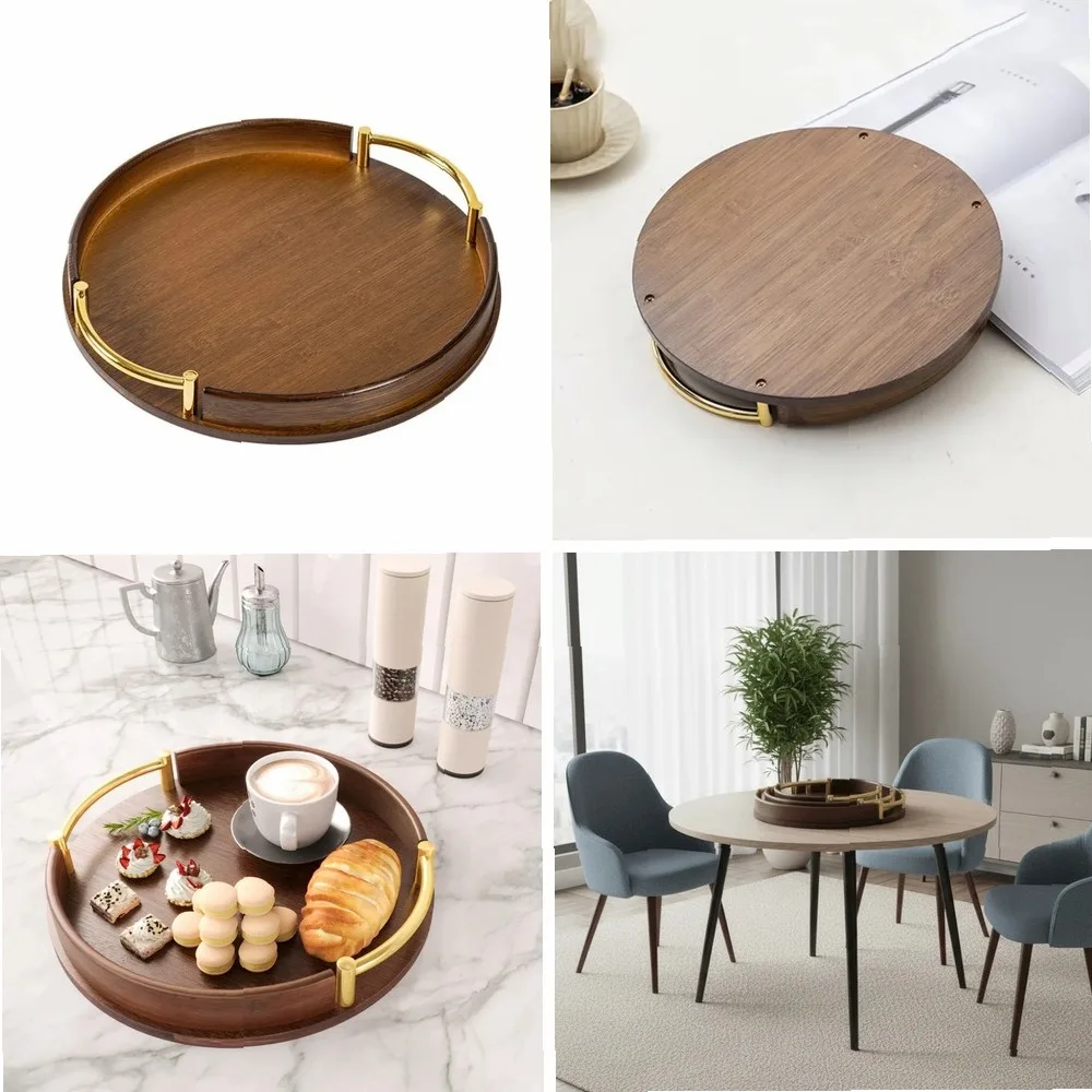 

Household Bamboo Light Luxury Tea Set Tray Simple Style Round Fruit Tray Vintage with Handle Breakfast Tray Afternoon Tea