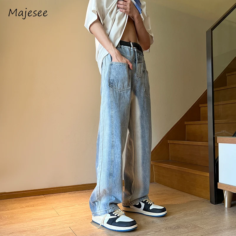 Jeans Men Design Fashion Tie-dye Staright Trousers Ins Korean Style All-match Pockets Youthful Handsome Holiday Simple Students