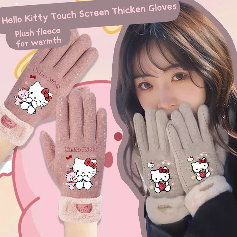 Kawaii Hello Kitty Thermal Glove Touch Screen Sanrio KT Cat Warm Windproof Thicked Full-finger Gloves For Running Cycling