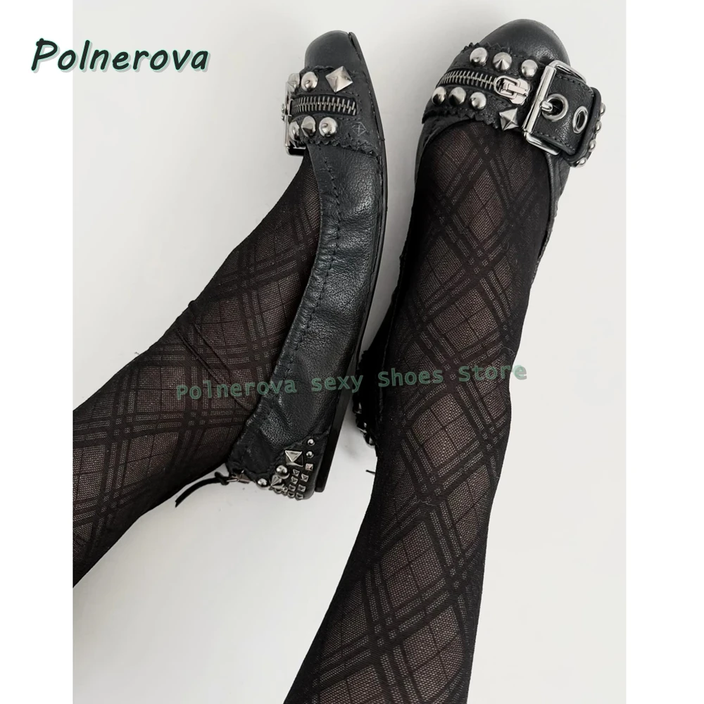 

Rivet Belt Buckle Mary Jane Shoes Pointed Toe Flat with Shallow Zipper Decoration Women Fashion Pumps 2026 Spring Summer Shoes