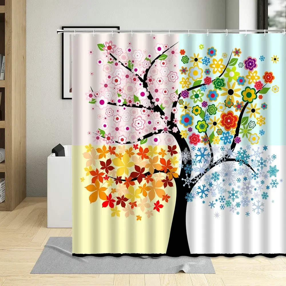 Colorful Trees Bathroom Curtains, Polyester Fabric Screen with Hooks, Abstract Art, Four Seasons, Waterproof Shower Curtain