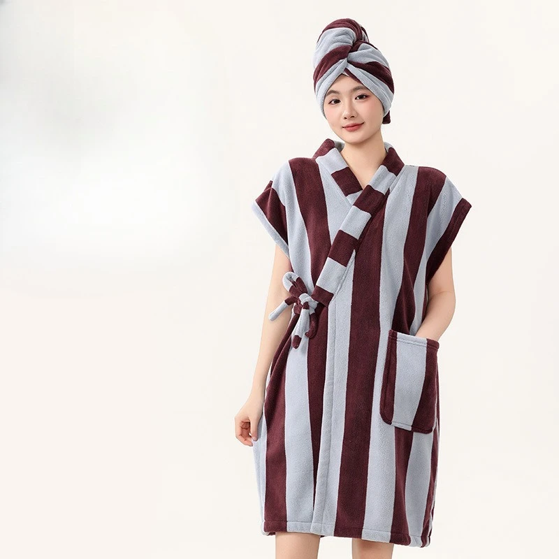 Export-grade Coral Fleece Thickened Bathrobe Set Extra-long Bath Dress Couple-style Pajamas Hair-drying Cap Bath Towel Combo