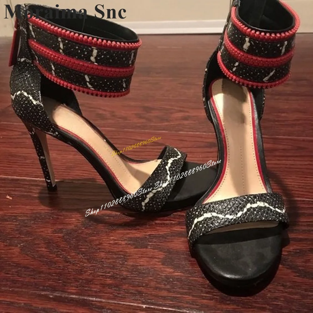 Stylish Shallow Black Snake Skin Sandals Thin High Heel Women Shoes Back Zipper Open Toe 2024 Fashionable Zapatos Para Mujere
