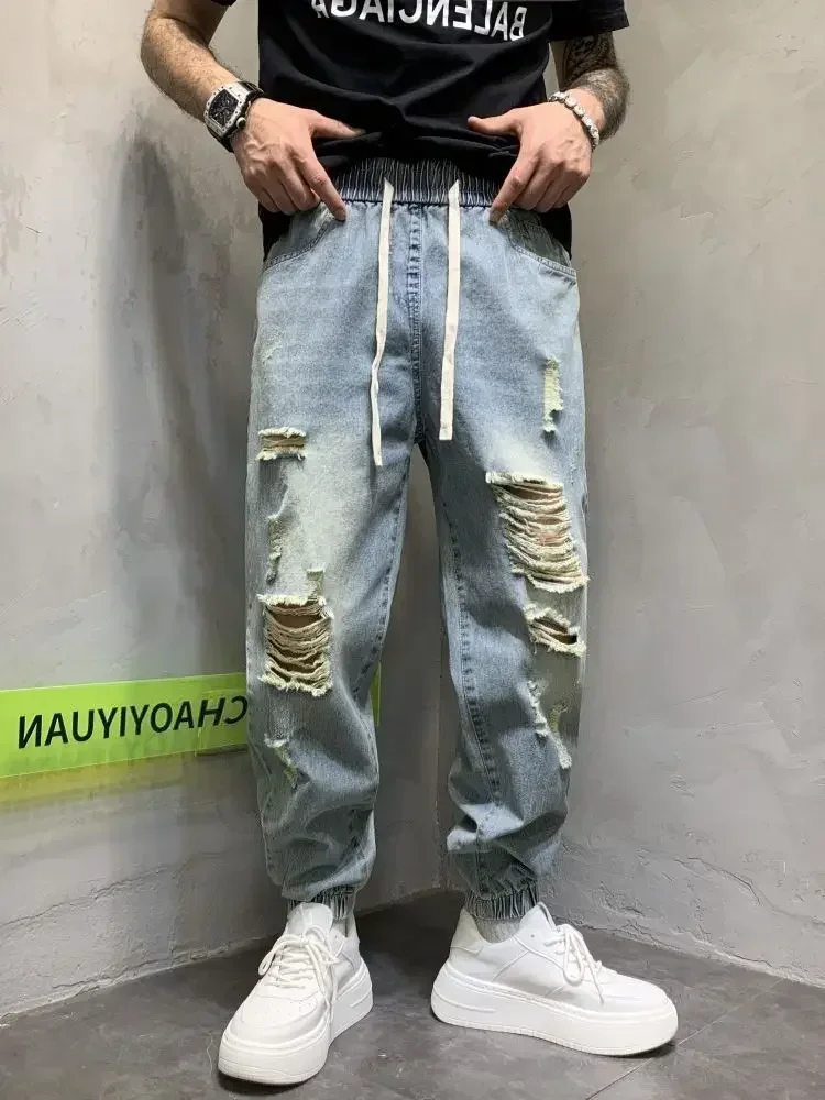 

Trousers Harem with Holes Jeans for Men Broken Male Cowboy Pants Hip Hop Ripped Torn Cotton Plus Size Clothes Y2k 2000s Baggy Xs