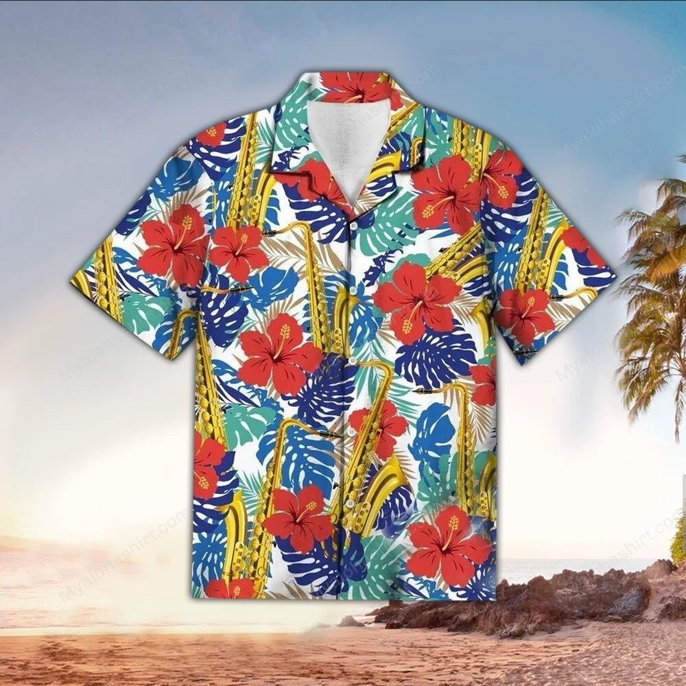 

Hawaiian Shirts for Men Bass trombone and Flowers Print Shirts Beach Short Sleeve Summer Casual Button Up Hawaii Shirts