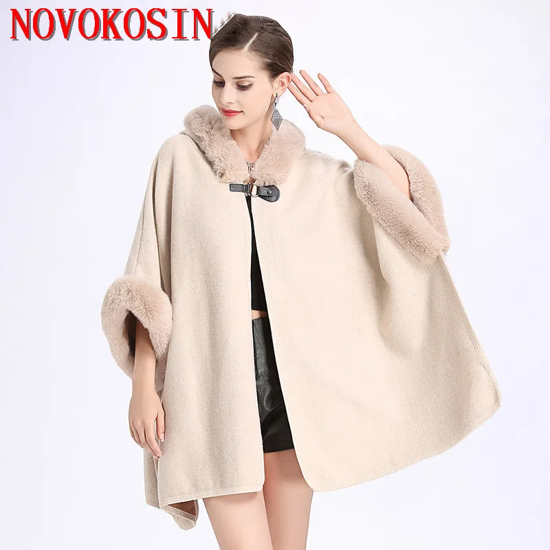 10 Colors Winter Warm Horn Buckle Thick Poncho Cape Women Faux Rabbit Fur Batwing Sleeves Loose Long Cappa Overcoat With Hat