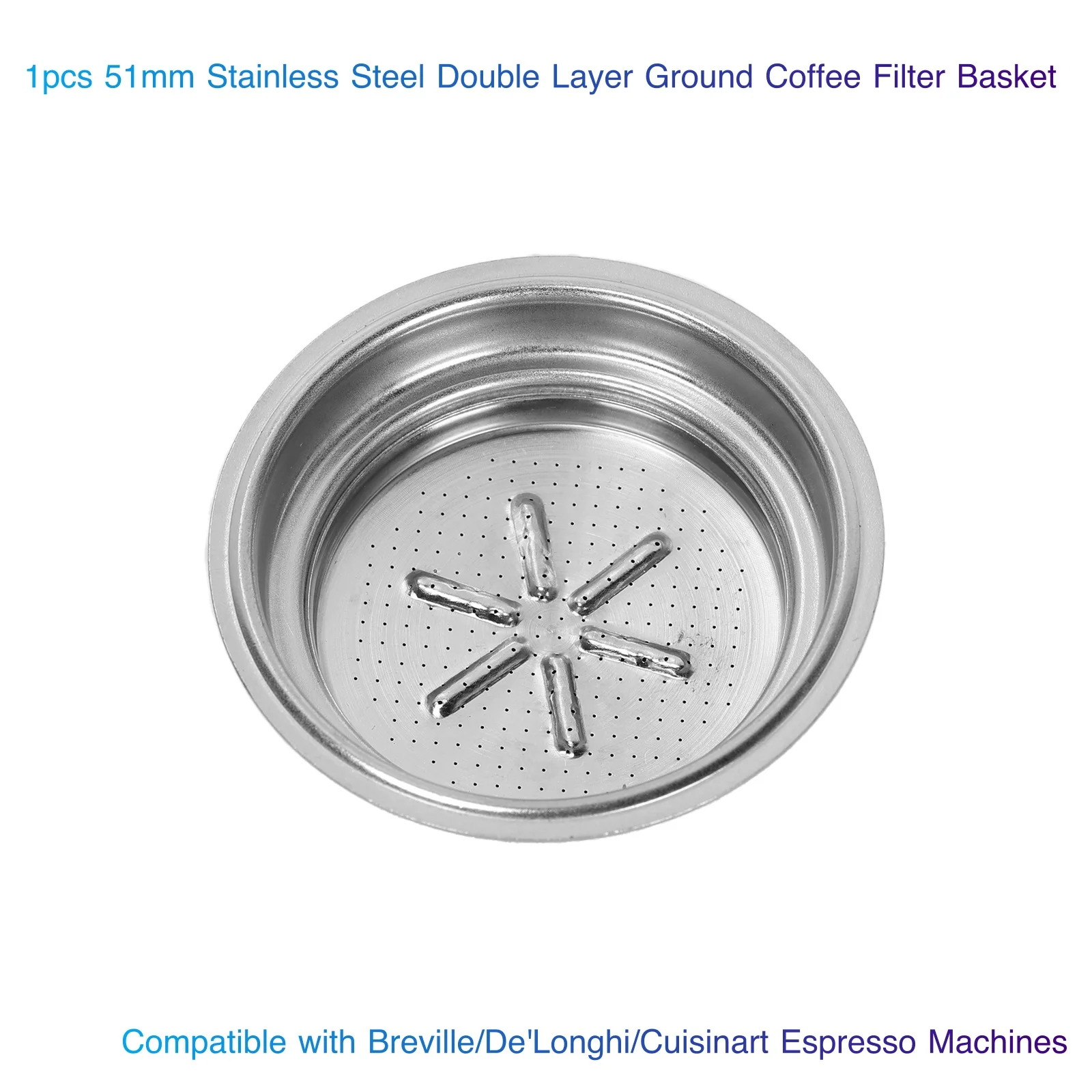 

1pc 51mm Stainless Steel Double Layer Ground Coffee Filter Basket Compatible with Breville/De'Longhi/Cuisinart Espresso Machines