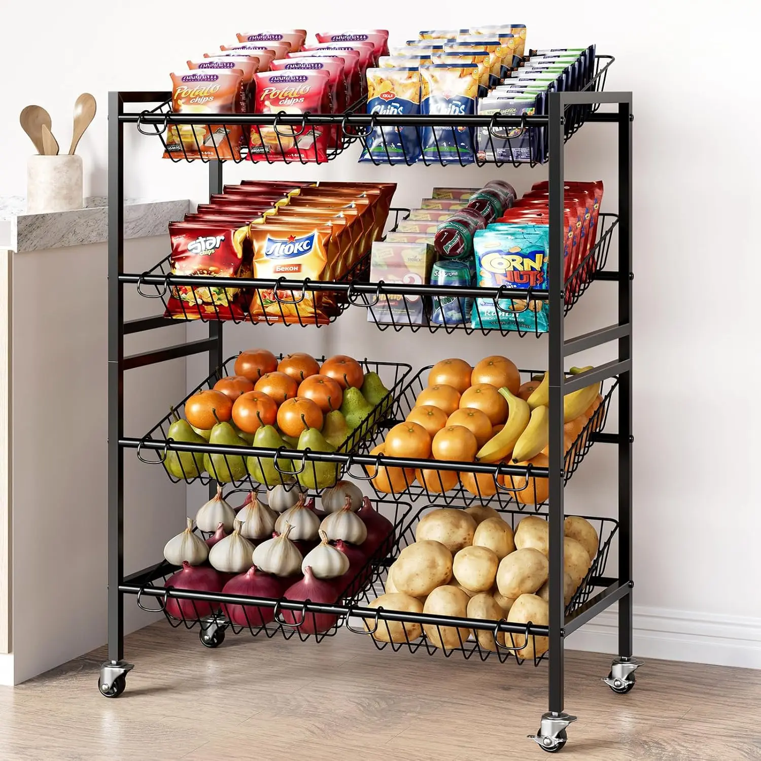 

4-Tier Rolling Kitchen Cart with 8 Stackable Baskets for Fruits, Vegetables, and Snacks, Black