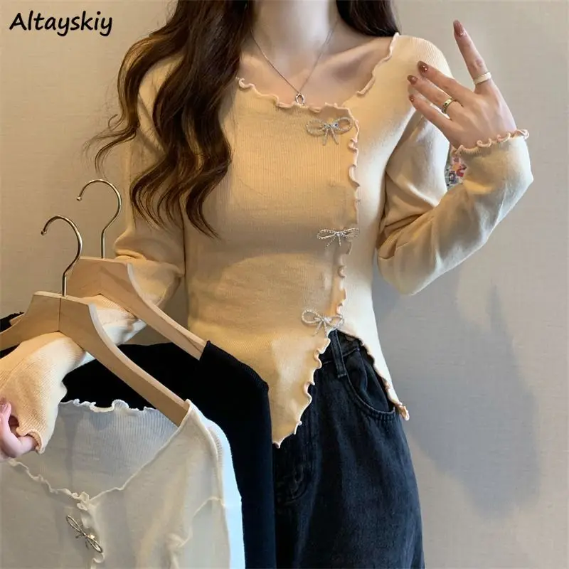 Edible Tree Fungus Bow T-shirts Women Long Sleeve Slim Tops Korean Fashion Irregular Ulzzang All-match Spring Casual Stylish