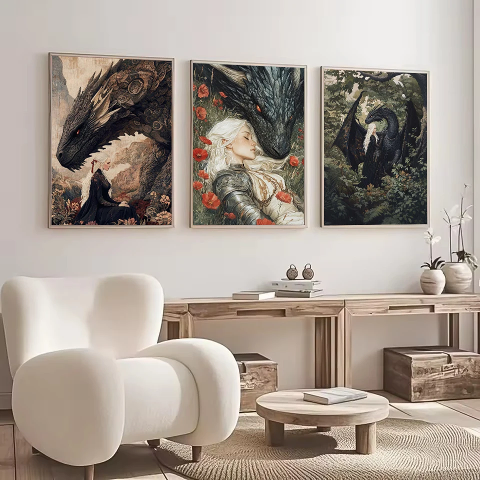 Dark Academia Throne of Glass Manon and Abraxos Mystical Dragon Bookish Poster Canvas Painting Wall Art Pictures Home Decor Gift view 2