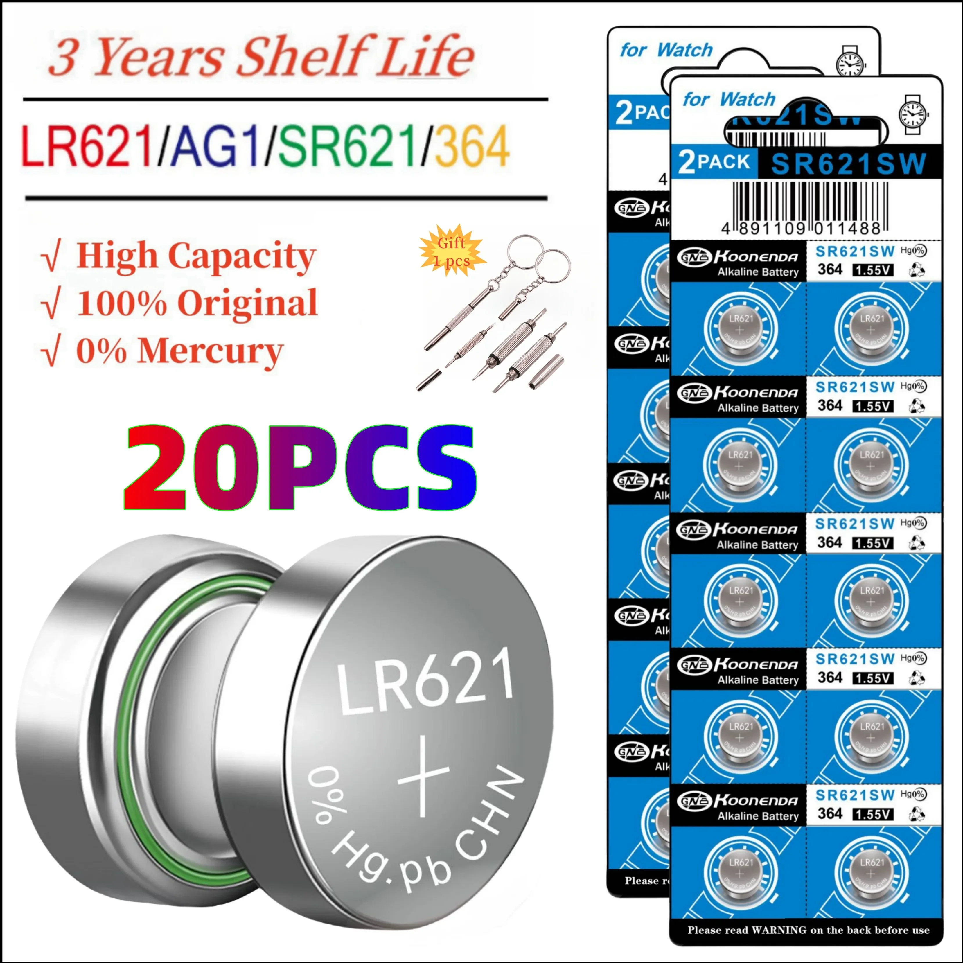 

High Capacity 20pcs AG1 SR621SW Watch Battery Long-Lasting & Leak-Proof Silver Oxide 1.55V Button Cell Batteries for Watch