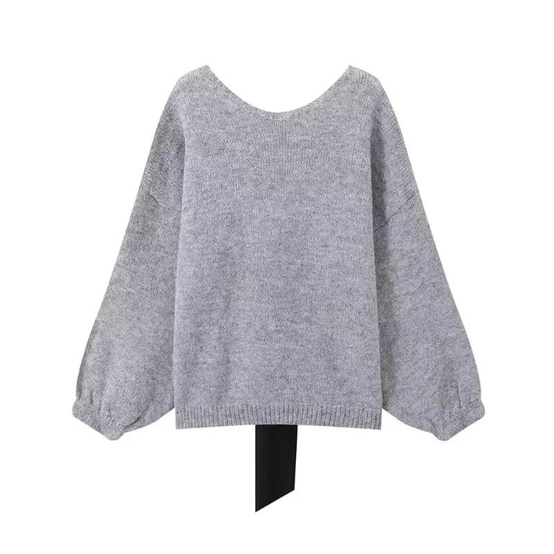 Topenomi Sweater Women Fashion Backless Bow Loose Knitted Pullover 2024 Autumn Winter Lazy Round Neck All Match Top Sueter Mujer