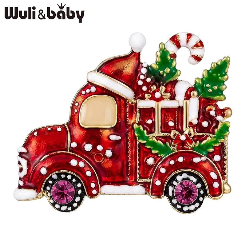 Wuli&baby Lovely Christmas Truck Brooches For Women Unisex Enamel Taking Gifts Christmas-tree Car New Year Party Brooch Pins