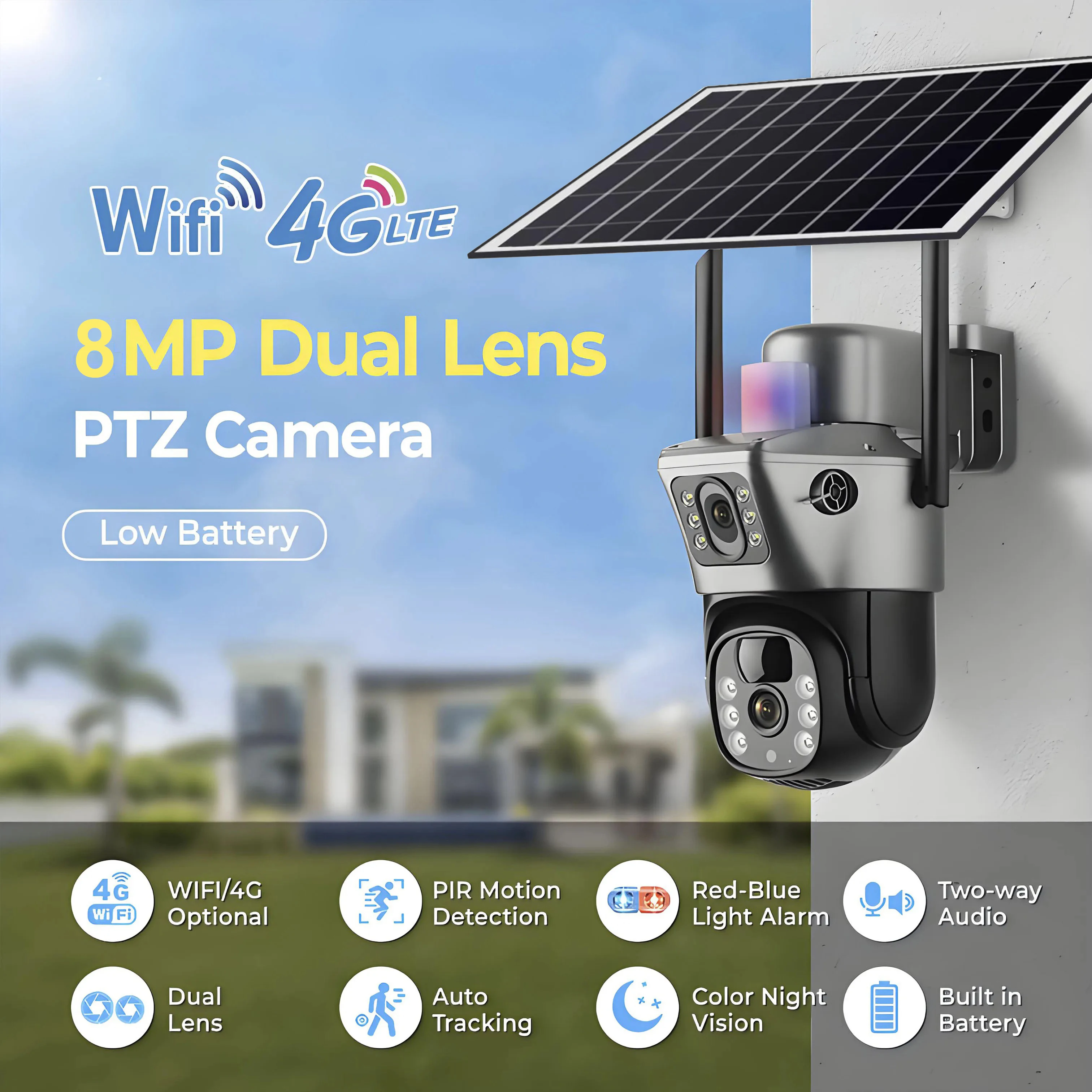 8MP HD Solar Camera WiFi 4G SIM Card 4K IP CCTV Cameras 360 Monitoring Video Surveillance AI PIR Human Detection Solar Powered