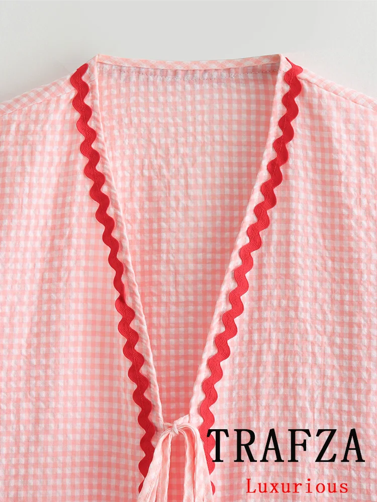 TRAFZA Vintage Casual Chic Women Suit Plaid Print Lace-up Long Sleeve Pockets Shirts Loose Long Pants Fashion 2024 Summer Sets
