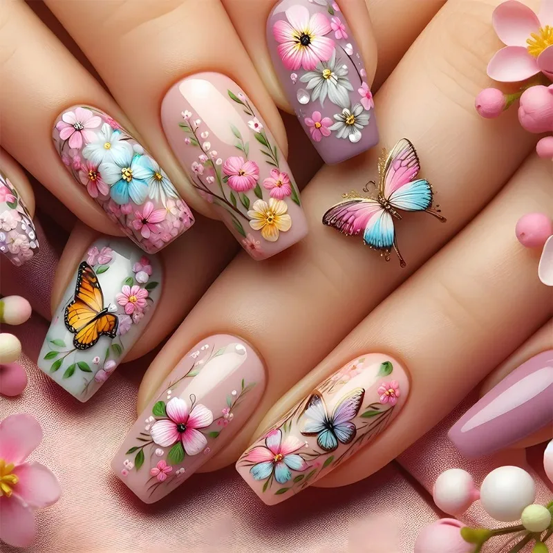 

24pcs Press on Nails Pink Flower Pastoral Ballet Butterfly Full Coverage Nail Tips for Women&Girl Removable Wearable Nail Art