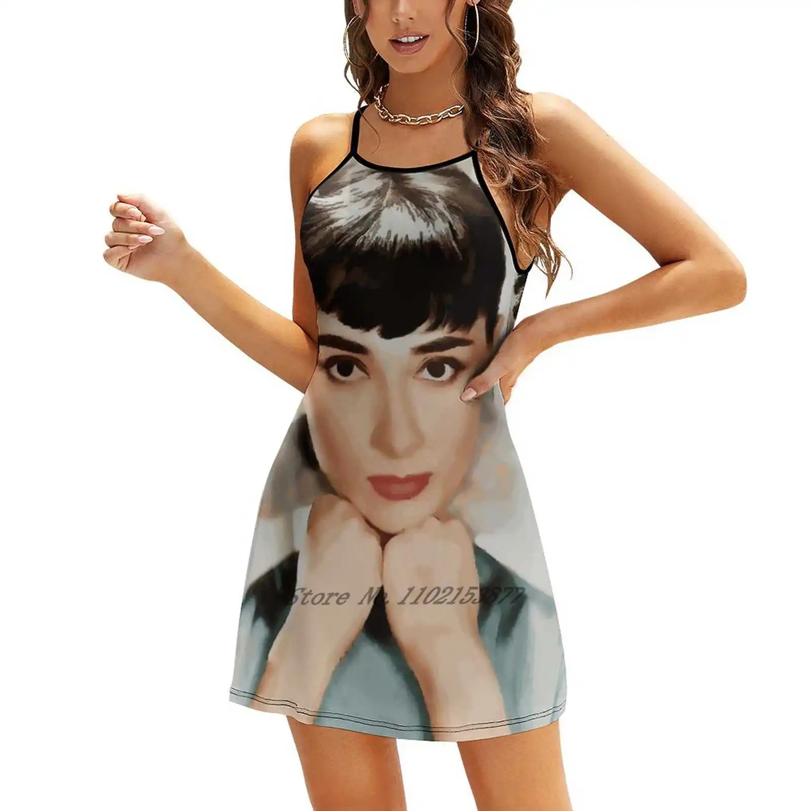 Audrey Hepburn Loose Pocket Dress Summer Sexy V Neck Dress Print Short Sleeve Dress Audrey Hepburn Movie Stars Actors Most