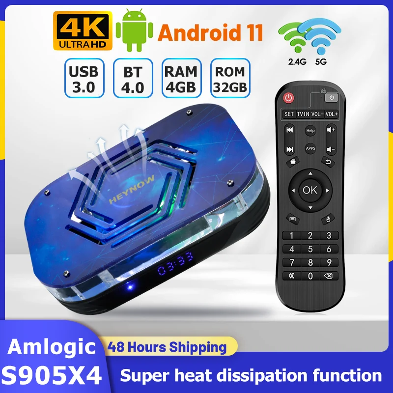 ТВ-приставка X4 Amlogic S905X4, 2 + 16 ГБ/4 + 32 ГБ, Android 11, поддержка BT4.0 2,4G/Φ WiFi 4K/8K HD USB 3,0, встроенный охлаждающий вентилятор