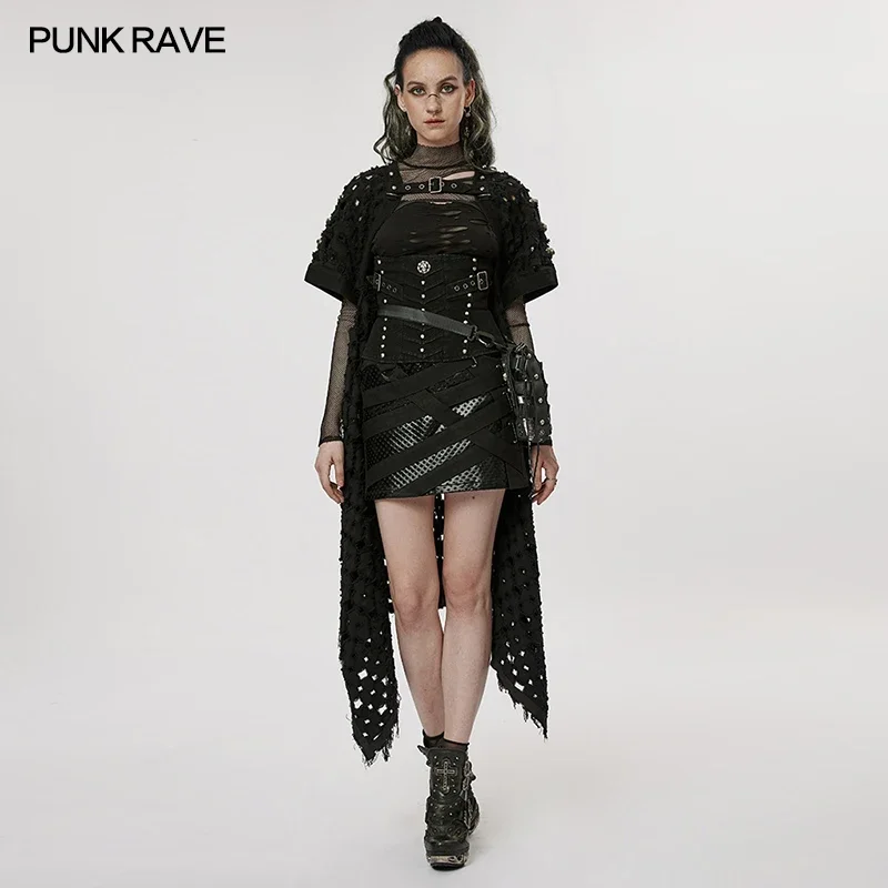 PUNK RAVE Women's The Post-apocalyptic Style Hollow Out Cardigan Punk Decadent Ripped Asymmetrical Hem Handsome Long Coat