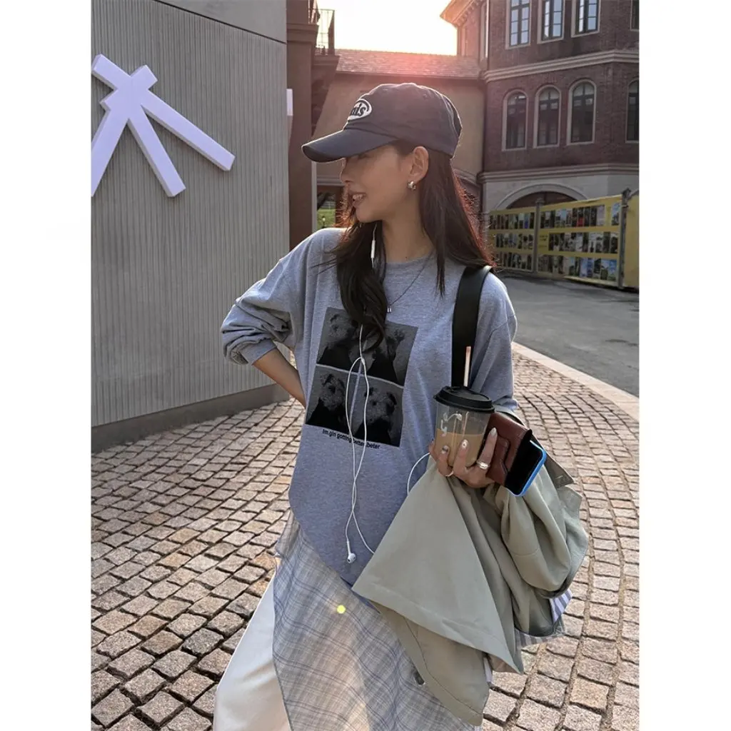 

Cute Doggies Quad Grid Print Long Sleeve T-Shirt Women's Style Early Autumn New Arrival Korean Version Guangzhou Huang Zhe