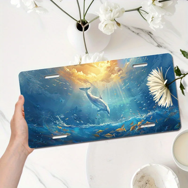 2D Flat, 1pc 2D FLAT Car License Plate - 6x12 Inches (15.2x30.5cm), Sunlight Dolphin and Fish Swimming Design, Ocean Scene with