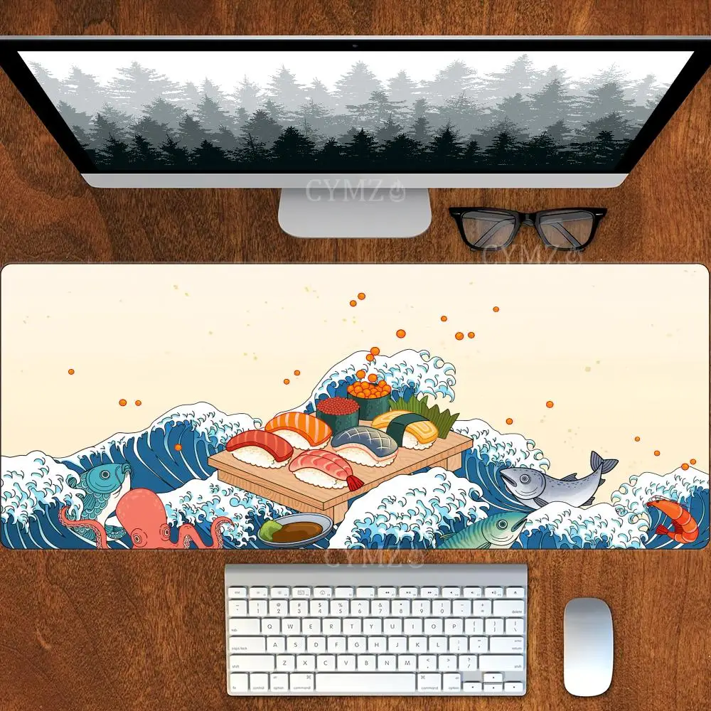 Tapis de souris sushi et vague artistique fruits de mer, tapis de bureau avec bord cousu, accessoires de bureau antidérapants en caoutchouc, clavier de jeu