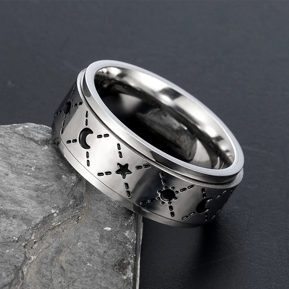 Men's Stainless Steel 360 Degree Rotating Finger Ring Punk Sun Moon Stars Lucky Rings For Women Man Classical Jewelry Party Gift