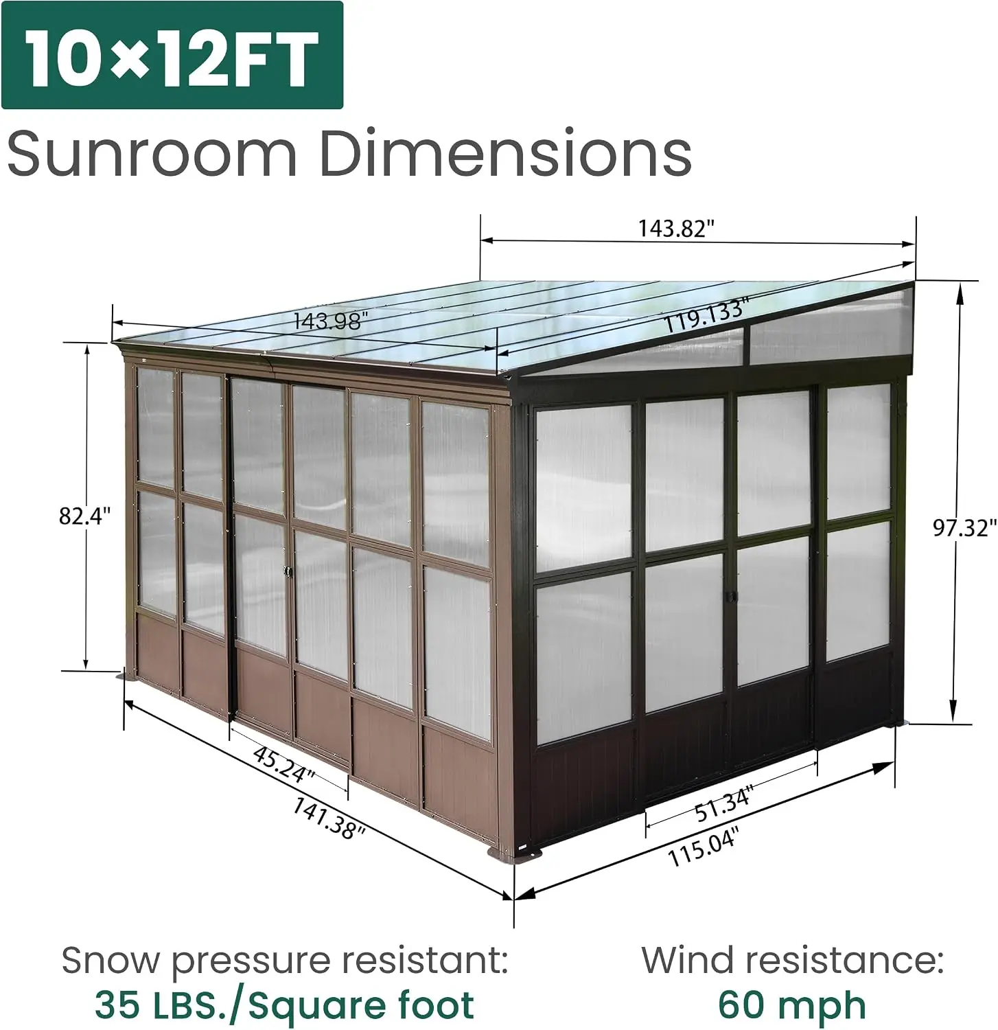 Domi 10x12FT Wall Mounted Sunroom, Wall Solarium with Aluminum PC Sloping Roof, Detachable PC Screen House, Lockable Sliding Fro