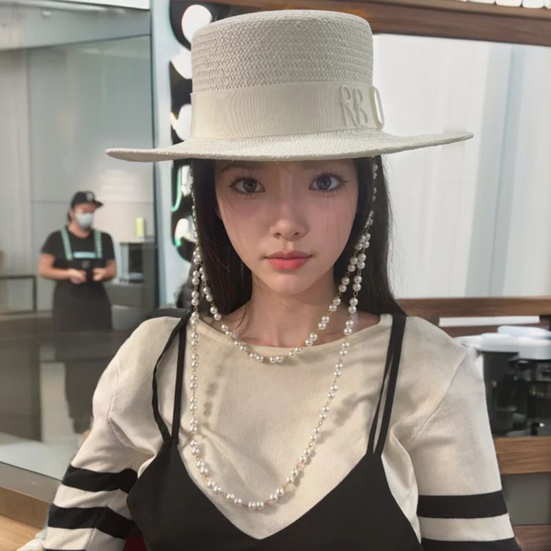 2023 summer new arrival Double Chain Strap Boater Hat straw hat for women