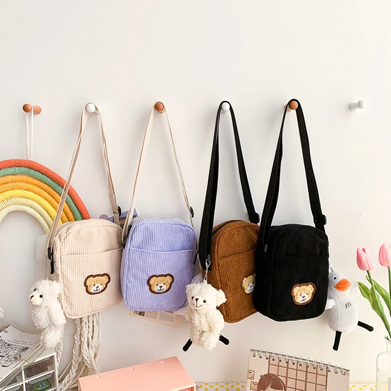 Portable Coin Purse in Bear Design Corduroy Small Crossbody Bag.