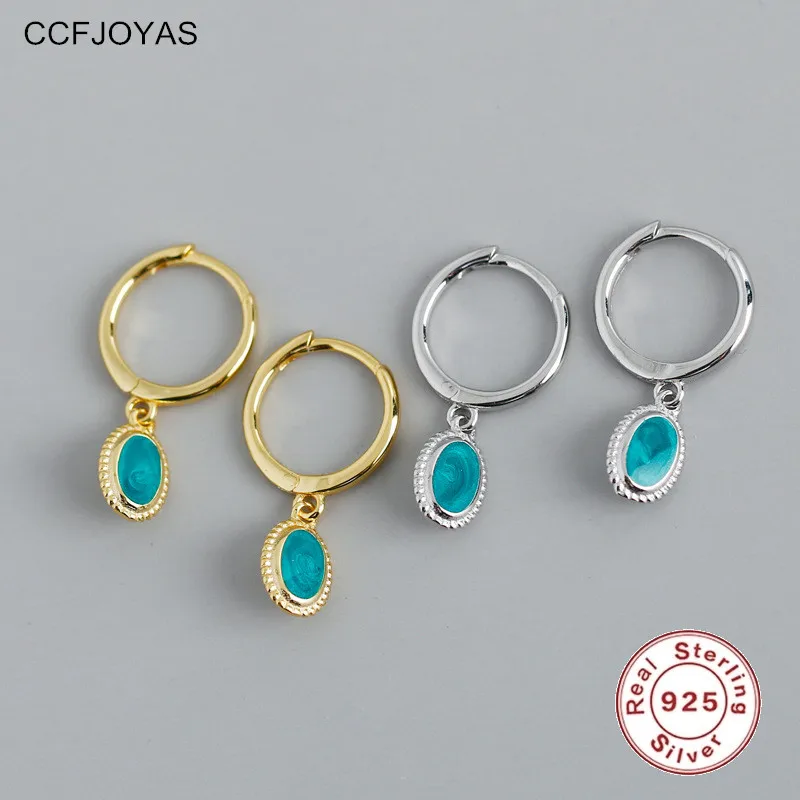 

CCFJOYAS 9mm 925 Sterling Silver Geometric Oval Starry Sky Green Enamel Drop Earrings for Women Light luxury French Earrings