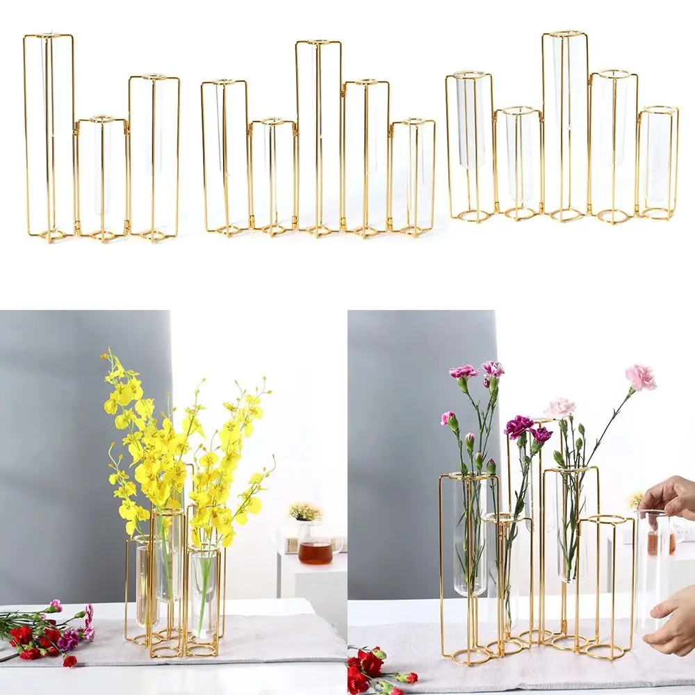 Creative Glass Vase  Hinged Metal Stand Hanging Flower Holder Tube Vase Party Wedding Decor Home Decoration Garden Supplies