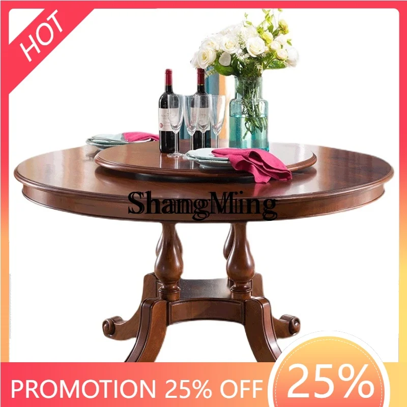 

SM wood dining table villa restaurant round eating table small apartment with turntable dining table and chair combination