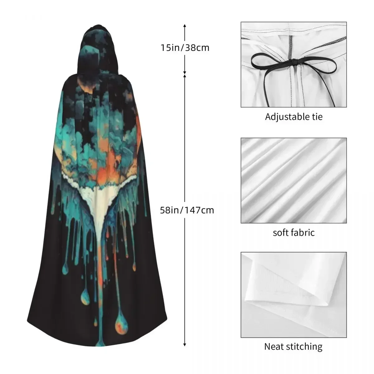 Adult Halloween Colorful Moon And Stars. Cloak Cape Hooded Medieval Costume Full Length Dress Coat