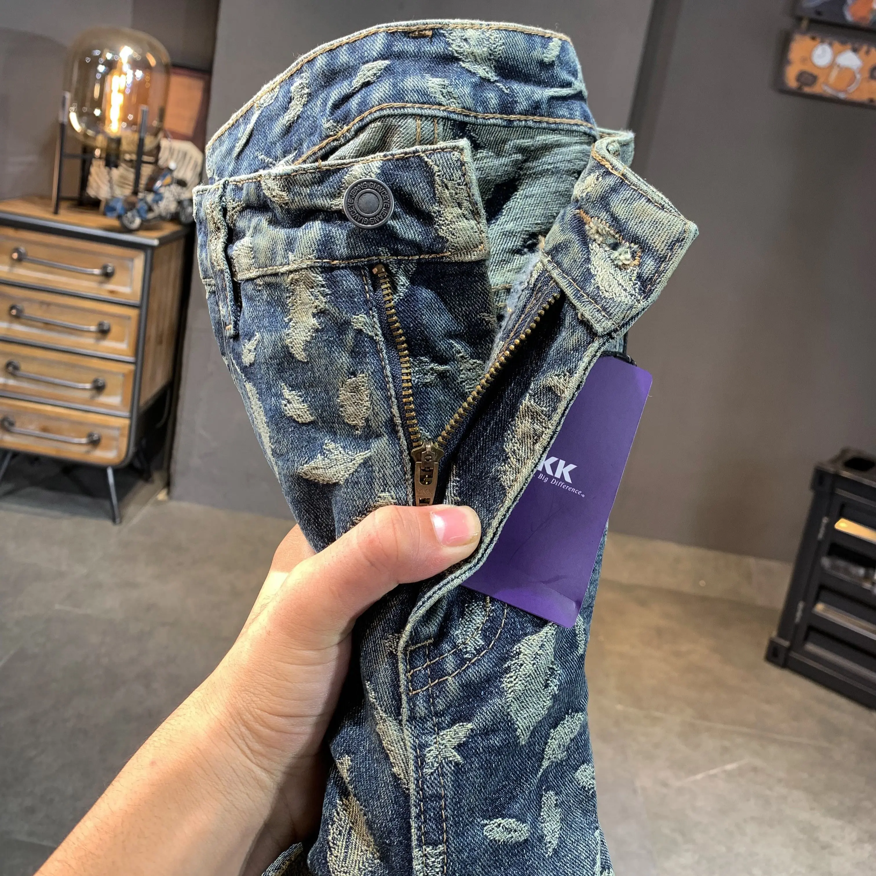 بنطال جينز جاكار أوروبي للرجال متعدد الحقائب فضفاض واسع الساق للرجال