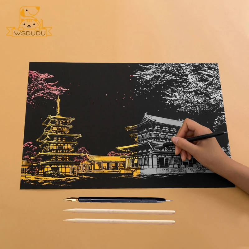 4PCS Scratch Paper Large Painting Card Magic Game Night Scene Cherry Blossoms Castle Animals Drawing Toy Art Crafts Adult Gifts