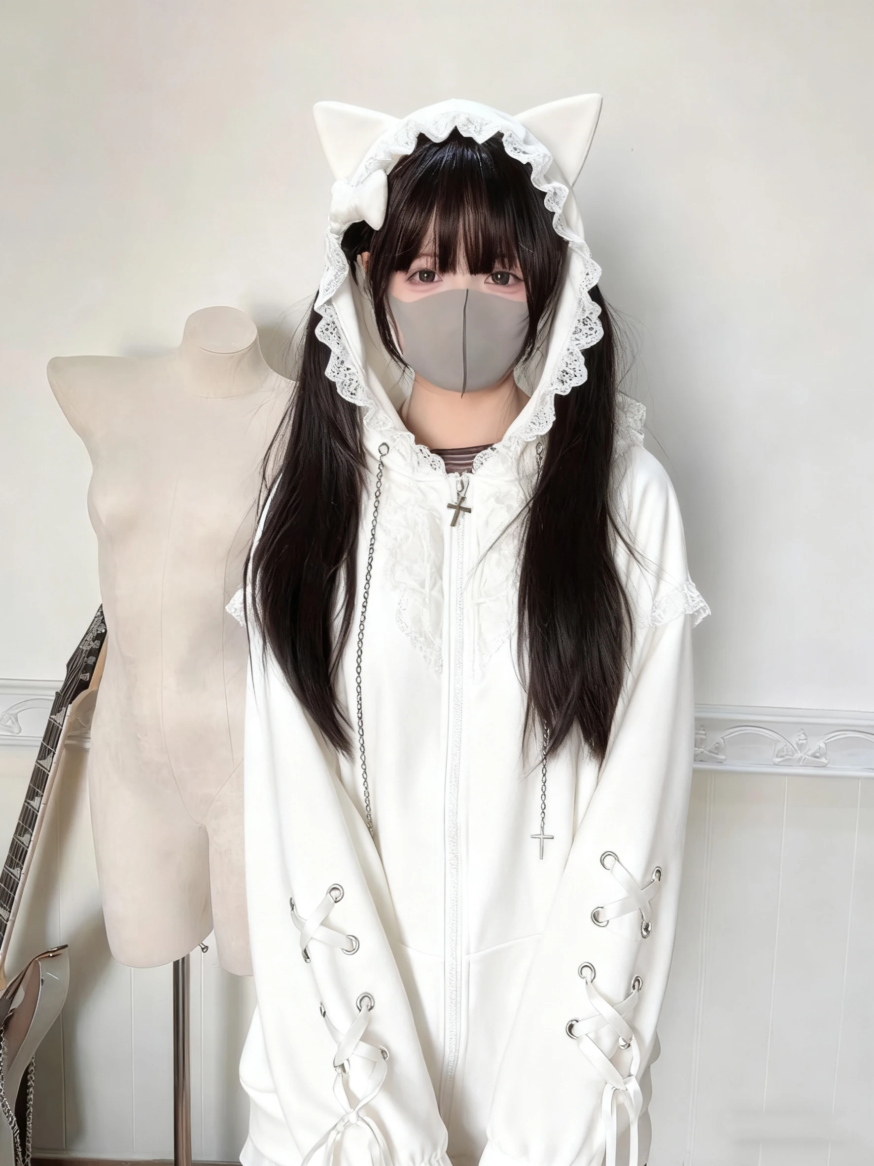 المرأة القوطية لوليتا القط الأذن هوديي-الدانتيل تقليم عبر سلسلة الدانتيل متابعة كم زمم البلوز منفعل الحلو الشارع الشهير ربيع الخريف