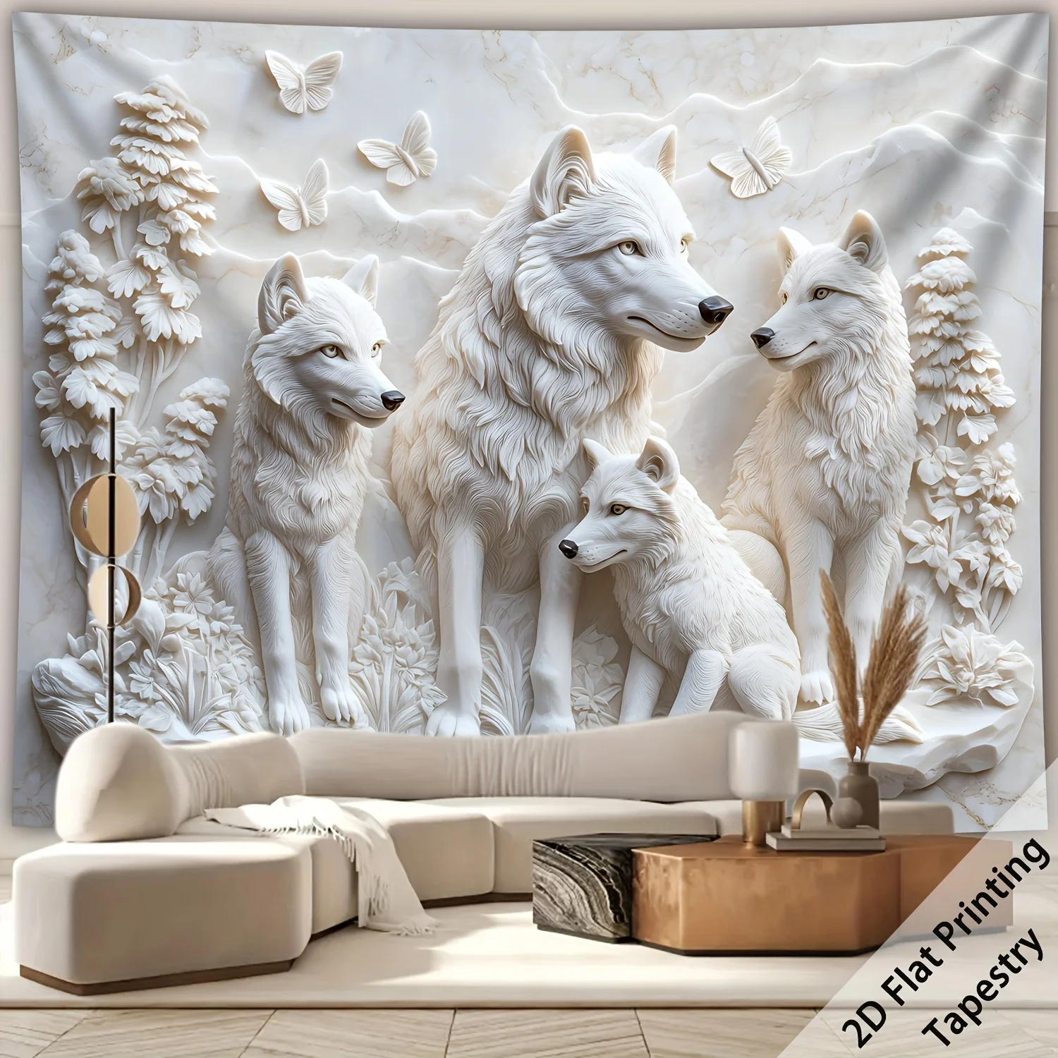 

Рельефный гобелен с вочьим кланом и пейзажем бабочки, большая 3D текстурированная настенная живопись, декор с принтом животных для гостиной, спальни