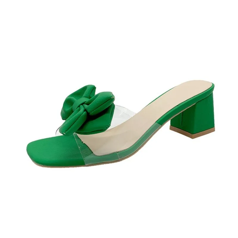 Heeled Women Slippers Bow High Heels Sandals Woman Shoes 2025 Trend Fashion Chunky Pumps Summer Dress Shallow Mujer Zapatos view 4