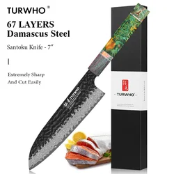 TURWHO 7-inch Santoku Knife Japanese Chef Knife Hand Forged 67 Layer Damascus Steel Kitchen Knives Meat Vegetables Cooking Tools