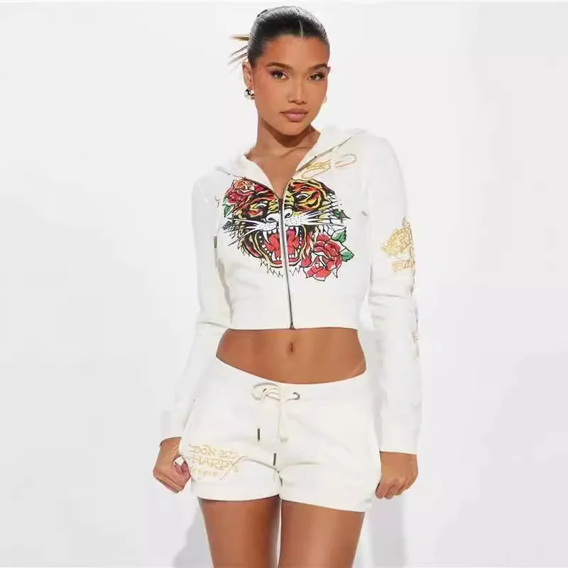 Funny Printed Women 2 Piece Set Long Sleeve Zipper Hooded Sweatshirts Biker Shorts Matching Set 2024 Fall Winter Fitness Outfits