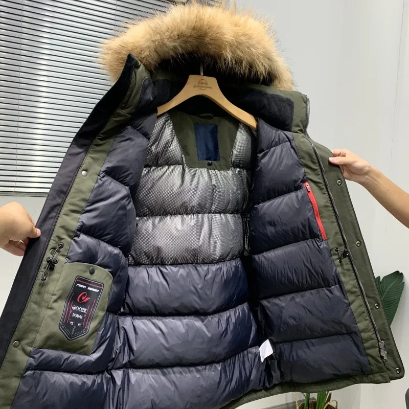 

Мужская удлиненная куртка из гусиного пуха теплого белого цвета, модное городское пальто с воротником из натурального меха, молодежная верхняя одежда, однотонная, с капюшоном