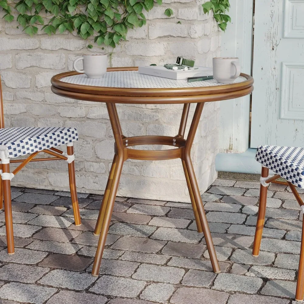 

Indoor/Outdoor Commercial Bistro 31.5" Table, White and Navy PE Rattan, Glass Top, Bamboo Texture Aluminum Frame, Natural