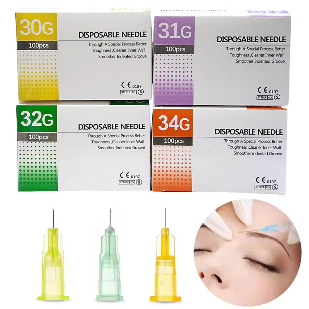 100Pcs/Box Sterile 30G 32G 34G Luer Lock Syring Needle 4mm 6mm 8mm 13mm 25mm Hypodermic Needle Dermal Filler Tattoo Needle