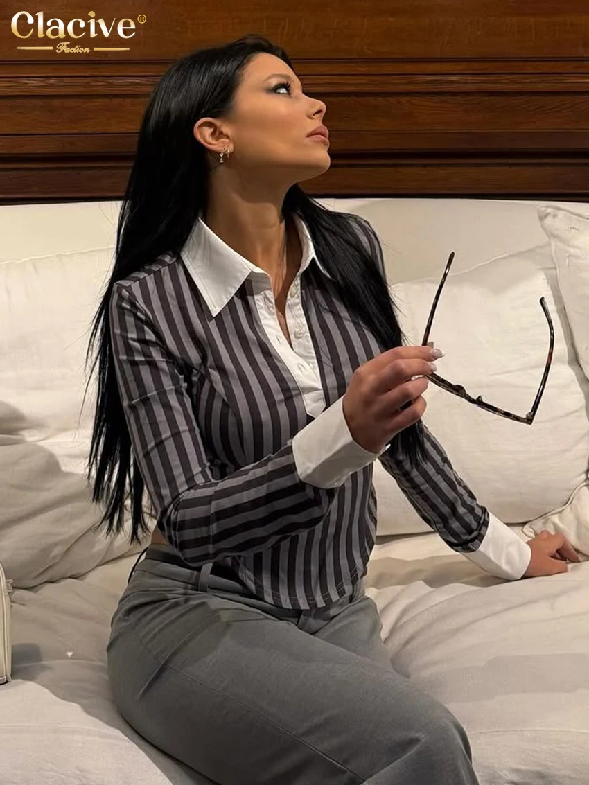 

Clacive Fashion Slim Stripe Print Women's Shirt 2026 Spring Lapel Long Sleeve Blouse Elegant Classic Patchwork Top Female Clothi