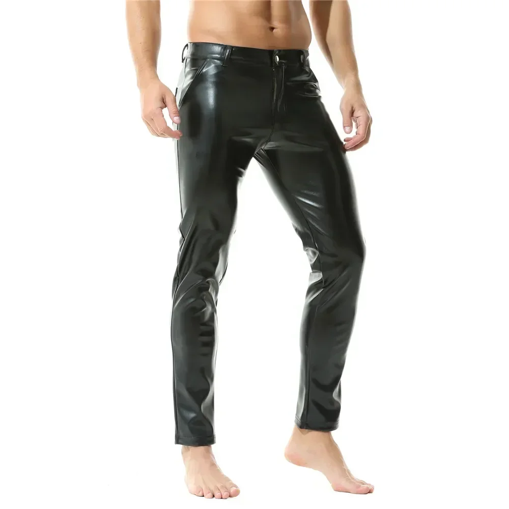 Mens Casual Zipper Faux Leather Pants Men Streetwear Nightclub Straight Trousers With Pockets Male Motorcycle Stage Short Pants